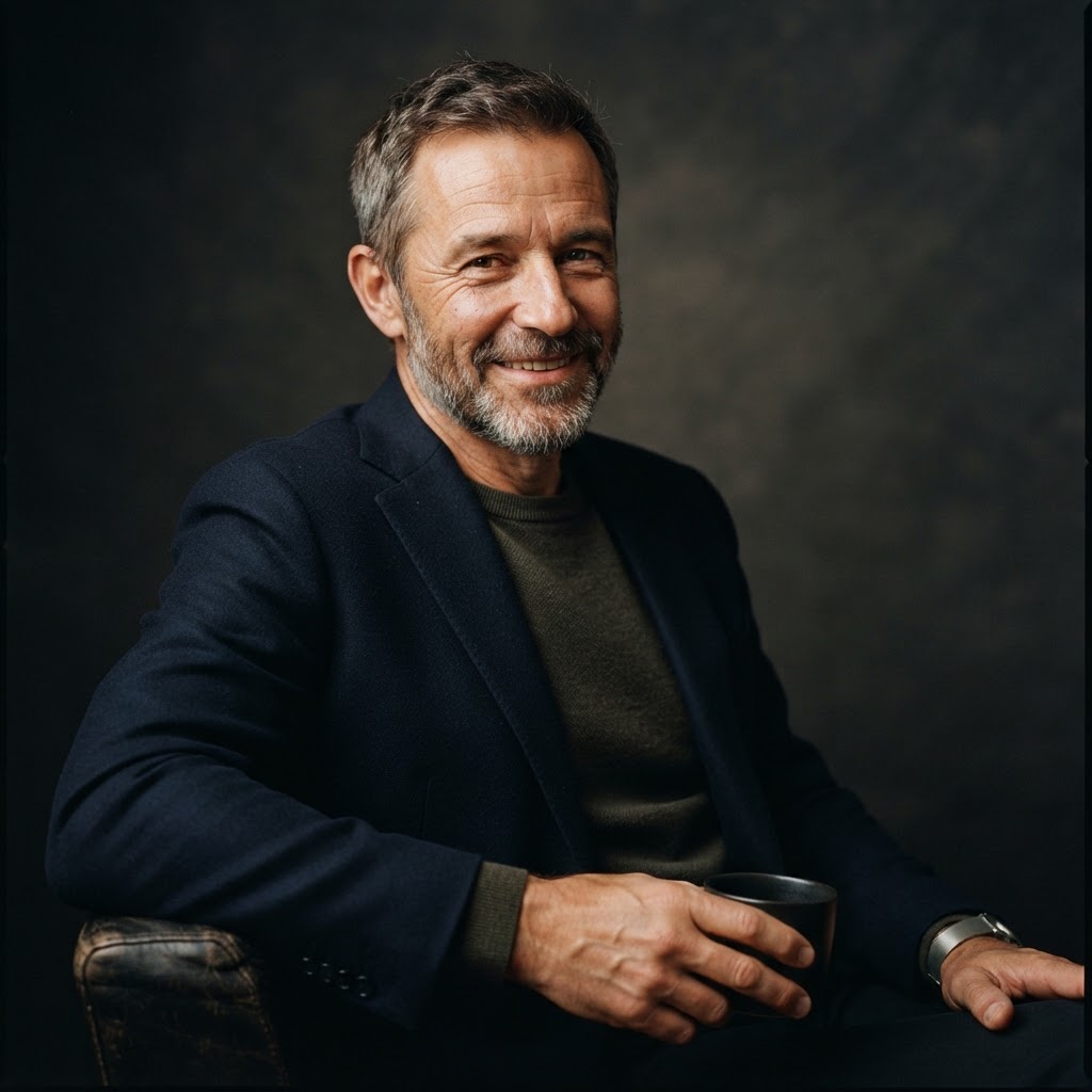 Editorial photograph of a smiling man with natural lines at the corners of his eyes.