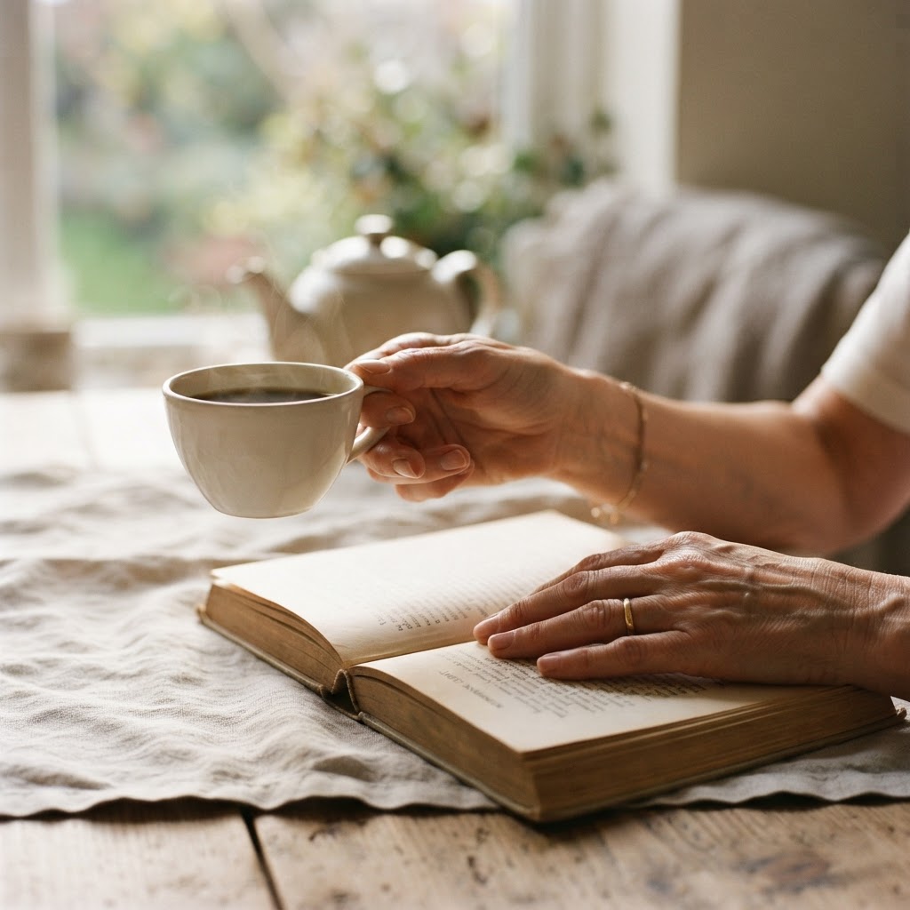Photograph of a woman's hands holding a porcelain cup beside an open book.