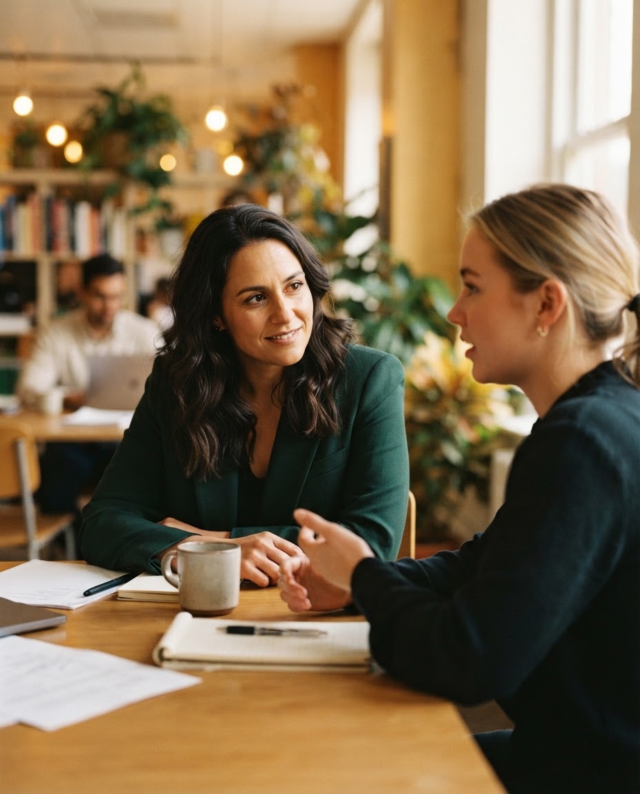 Leidinggevende in gesprek met een collega
