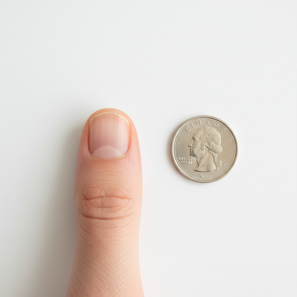 Thumb next to a Canadian quarter for sizing