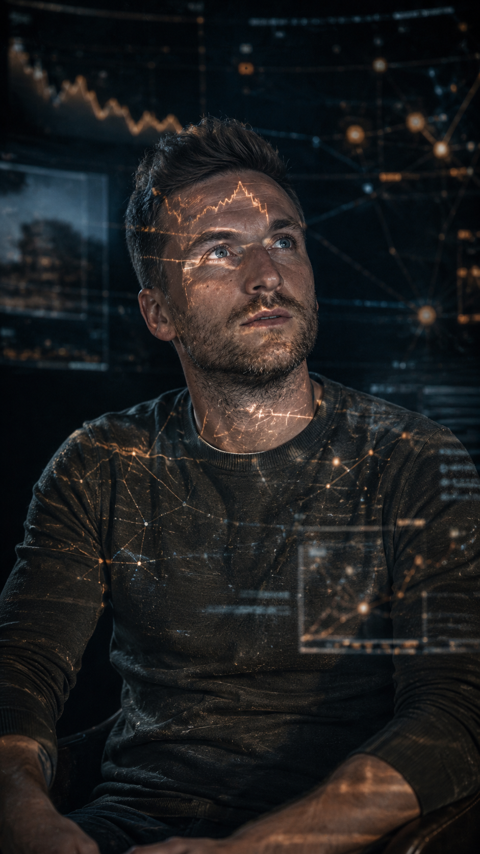 Adam Rochon, founder of Edge and Echo, with AI data visualizations projected across his portrait