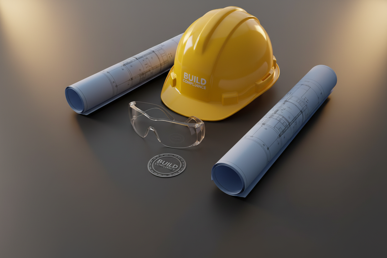 Professional construction tools and blueprints
