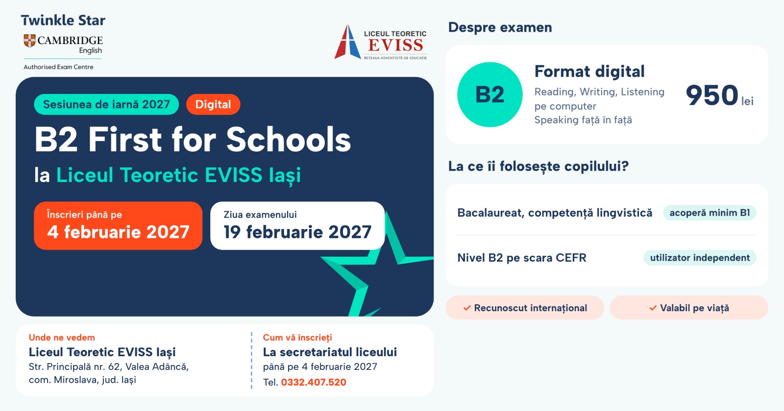 Afiș B2 First for Schools Digital, sesiunea de iarnă 2027, Liceul Teoretic EVISS Iași
