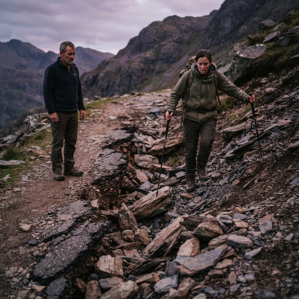 A rugged, unstable path with uneven terrain, loose rocks, and a visible crack while a person tries to continue forward and a provider stands near the beginning