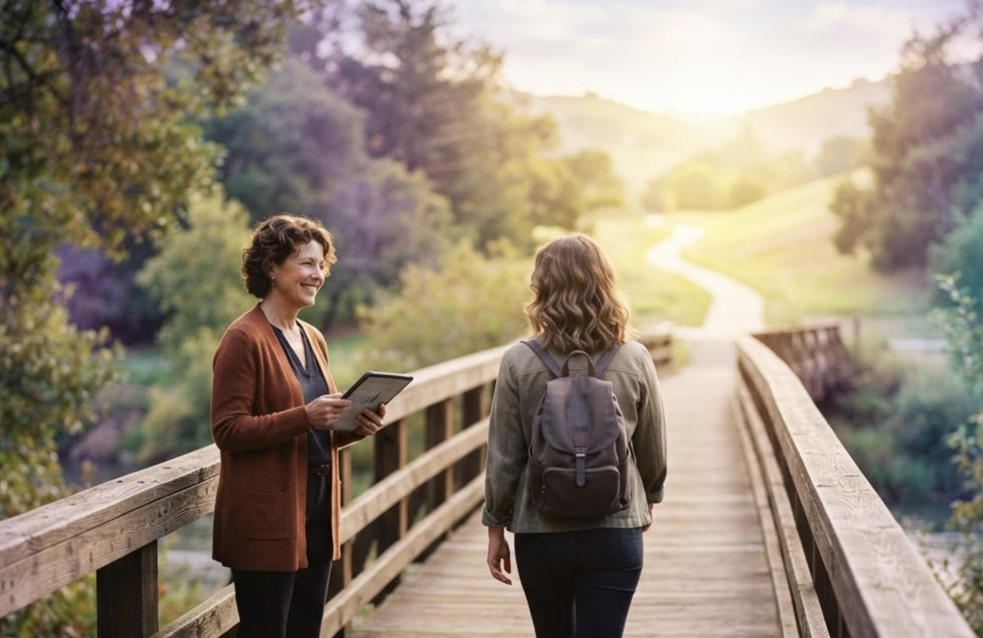 A provider and client on a wooden bridge, illustrating the continuation of care between sessions