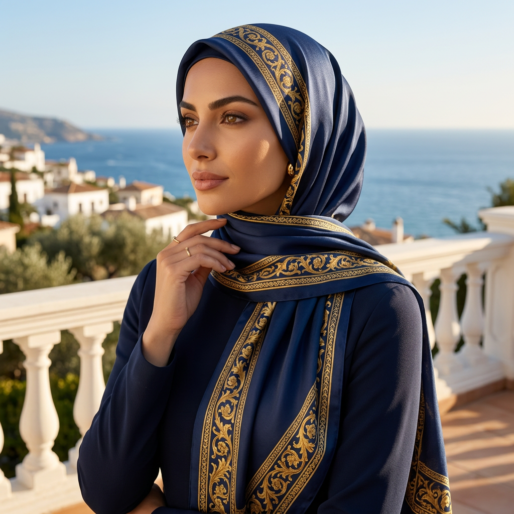 Hijab Scarf Motif Premium — Navy Gold