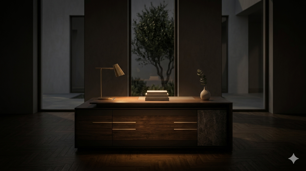 Flagship desk in moody dimly lit studio