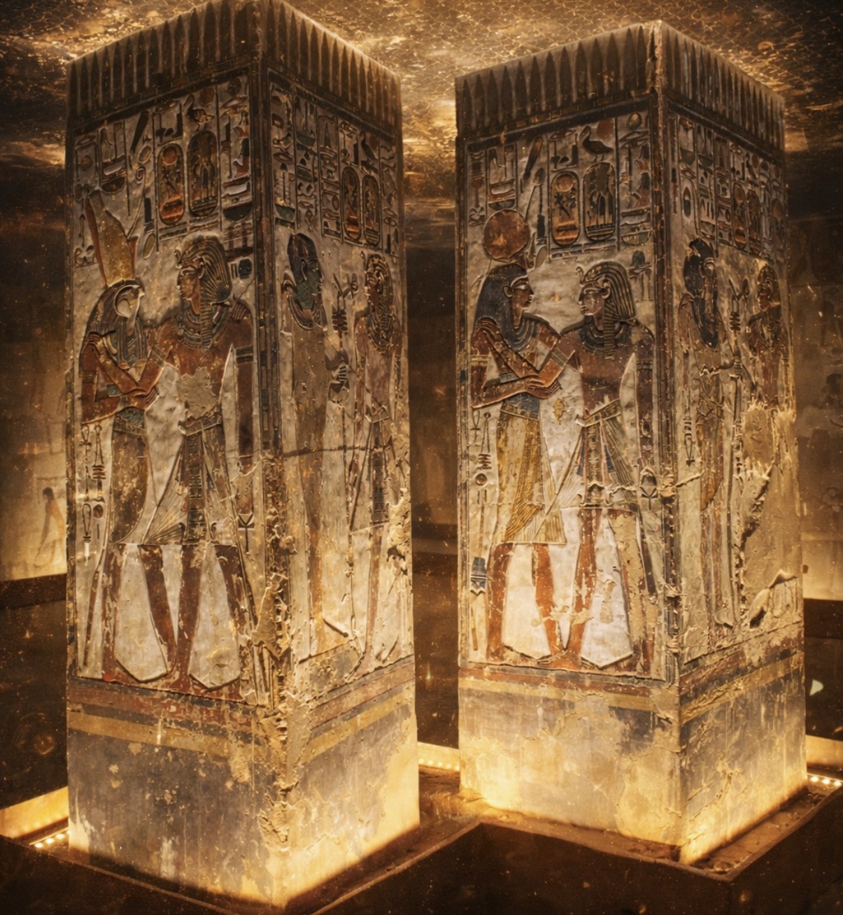 Ancient Egyptian stone pillars with hieroglyphics