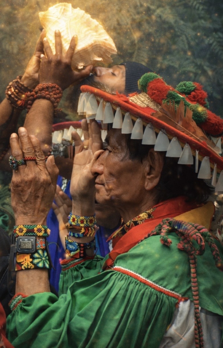 A person in ceremonial regalia holding a conch shell