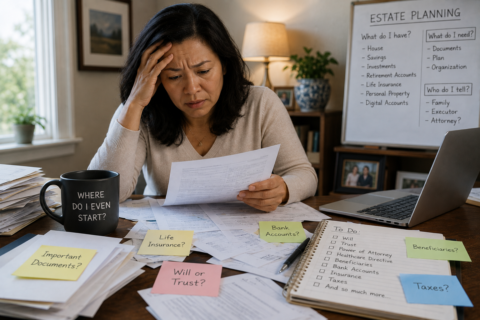 A woman sitting at a desk looking distressed while reviewing estate planning documents surrounded by sticky notes and a to-do list