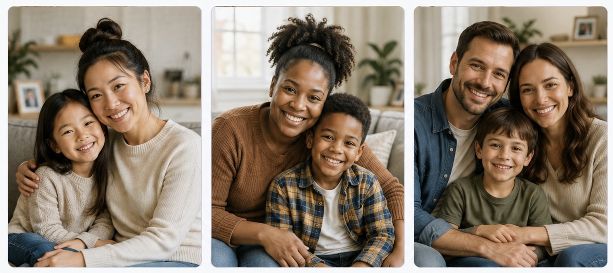 Three families sharing a peaceful moment with their children