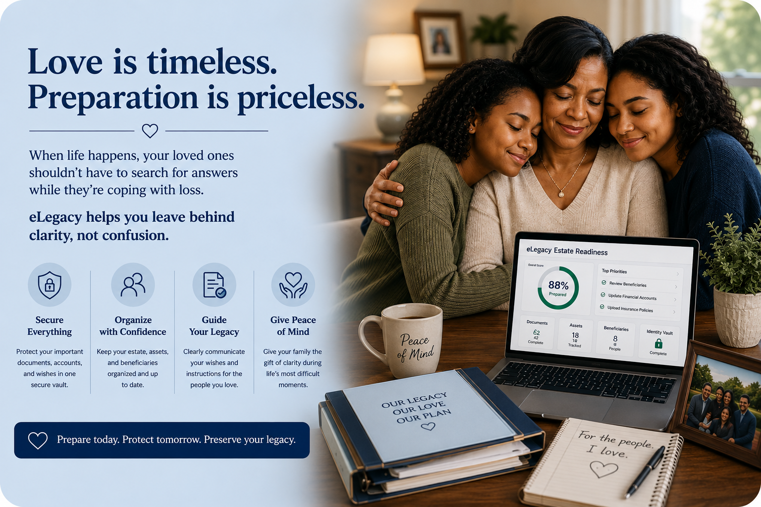 A mother and her two daughters embracing at a desk while working on the eLegacy estate readiness dashboard