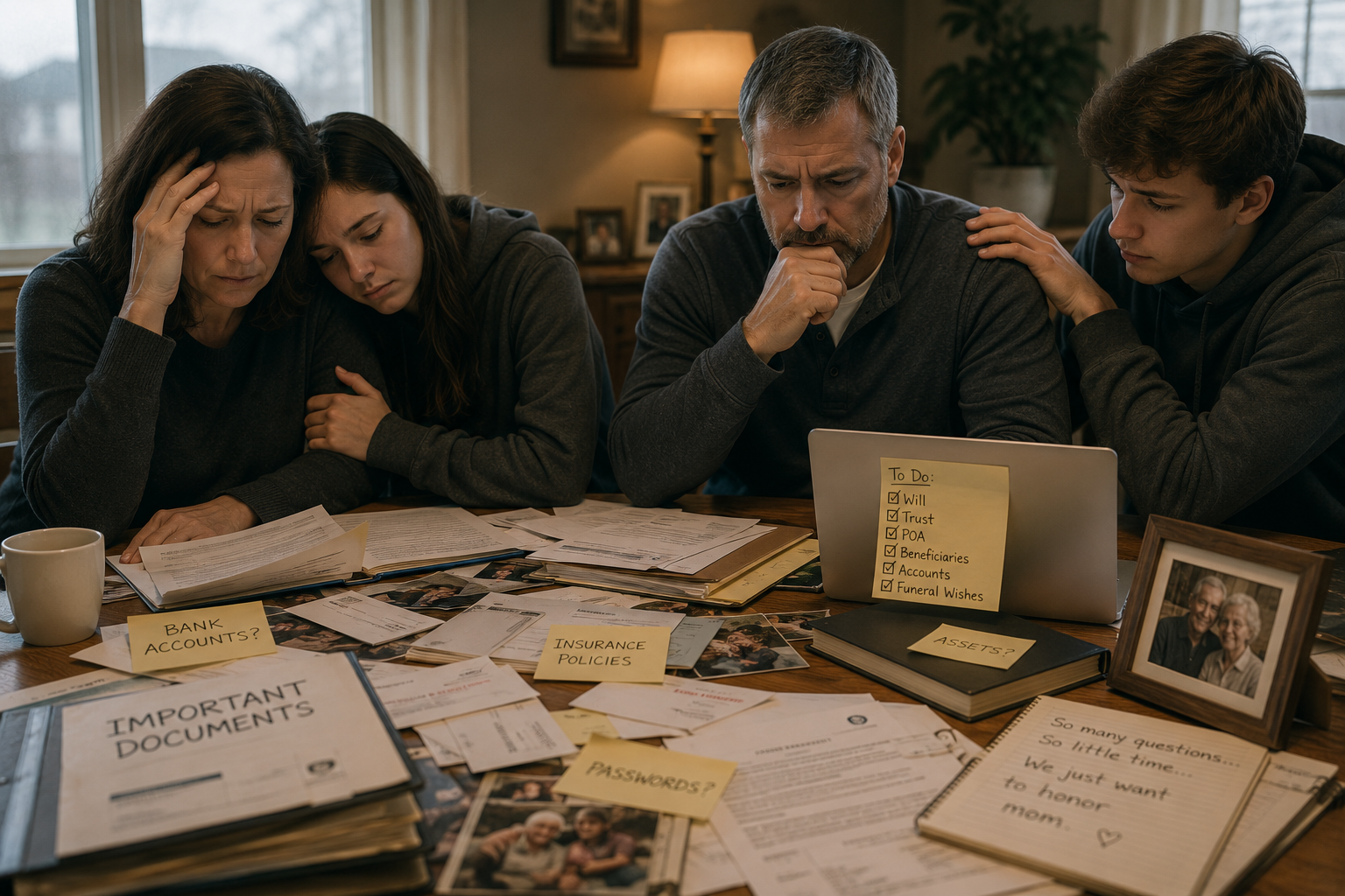 A family of four sitting at a dining table surrounded by scattered estate planning documents and sticky notes, appearing overwhelmed