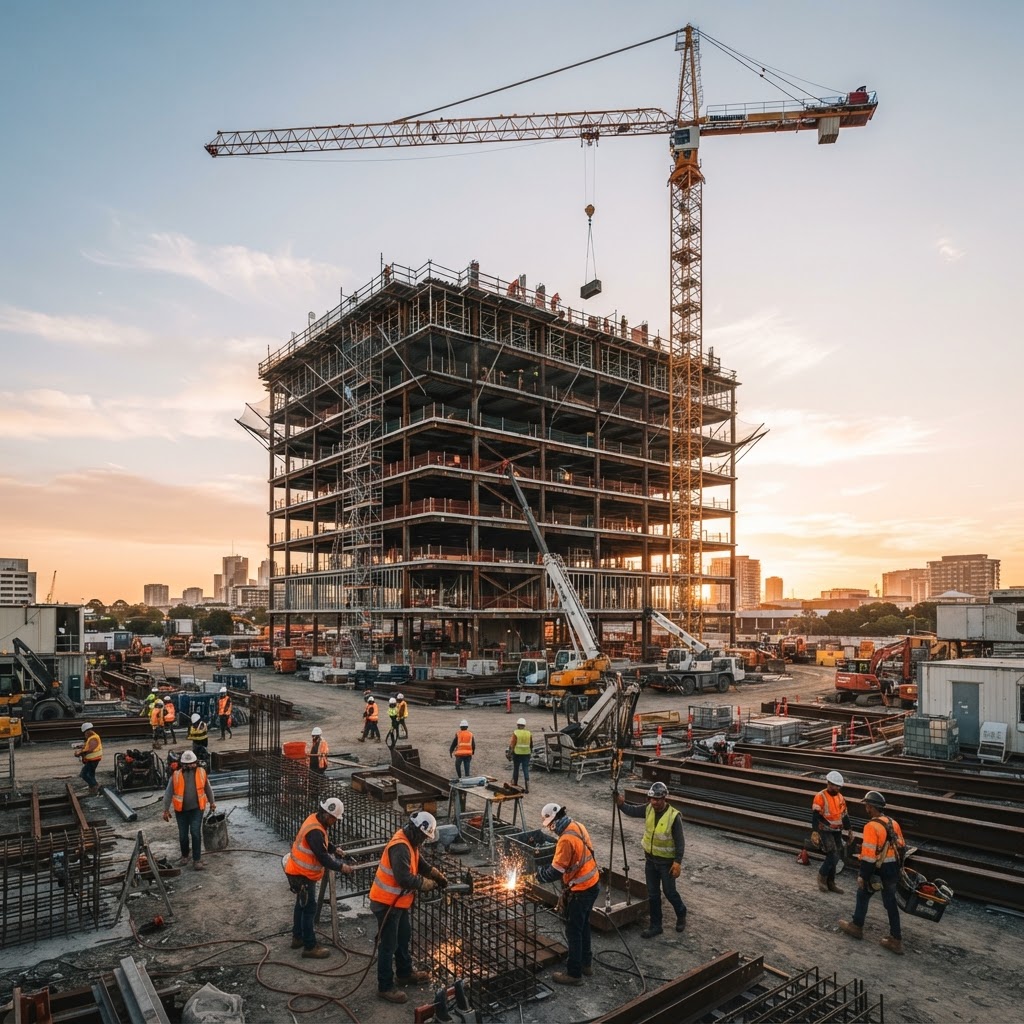Commercial construction site at sunset
