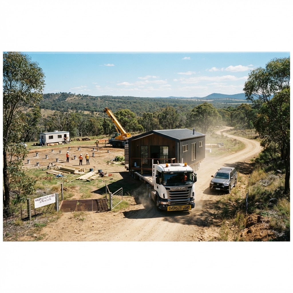 Delivery day — the cottage arrives on site.
