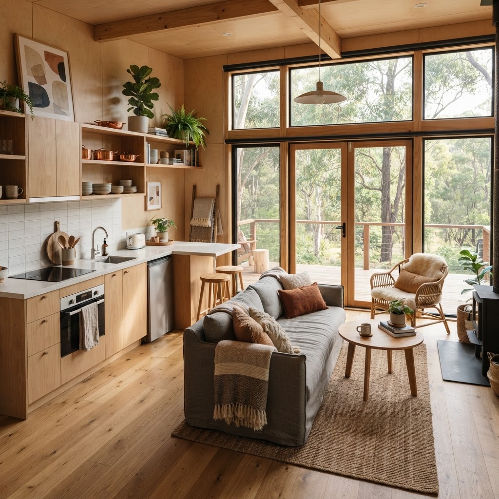 The finished interior — kitchen and living.