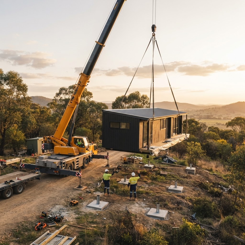 Crane lift onto prepared foundations.
