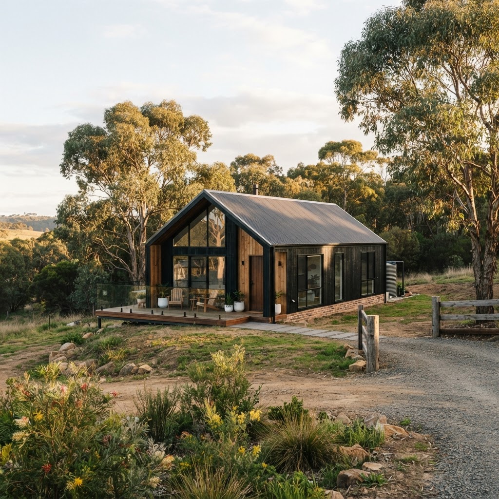 A completed cottage on a rural block.