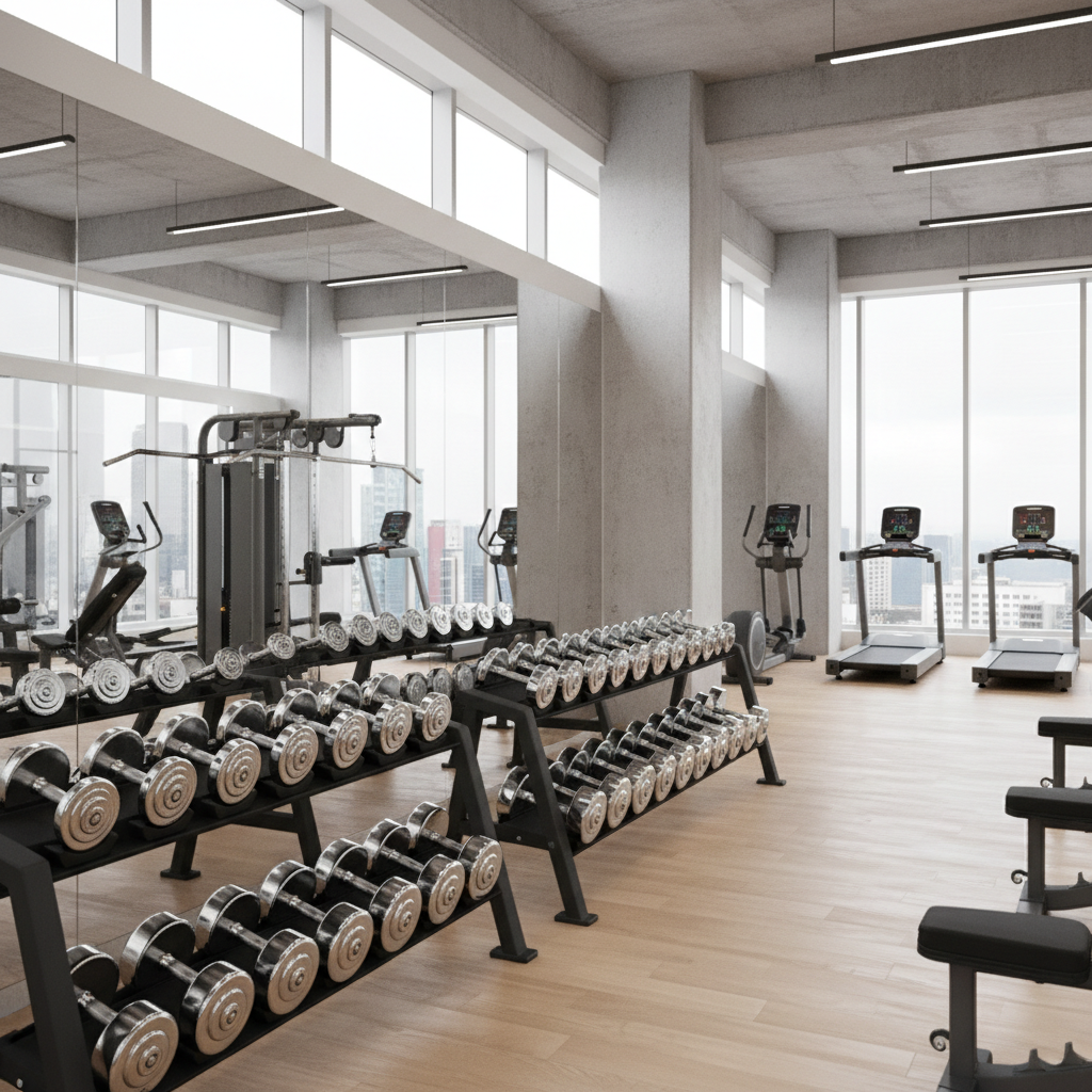 Modern fitness gym with equipment and natural light