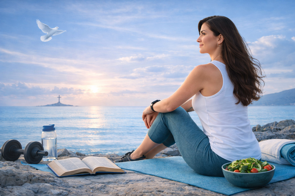 Woman sitting peacefully on beach with fitness and wellness elements, cross and dove symbolizing faith