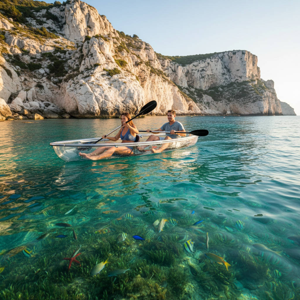 Kayak transparent BSB Azur Loc La Ciotat — couple en kayak cristal calanques Méditerranée