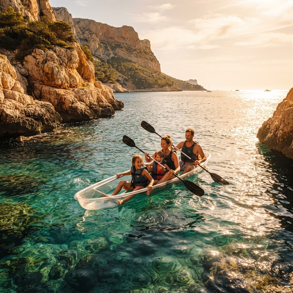 Famille en kayak transparent La Ciotat — activité nautique enfants calanques Méditerranée BSB Azur Loc