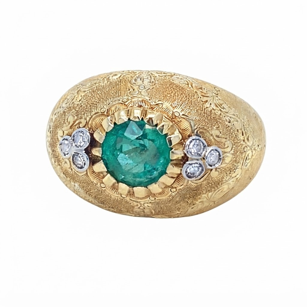 Buccelati Vintage Textured Yellow Gold Emerald and Diamond Cocktail Ring