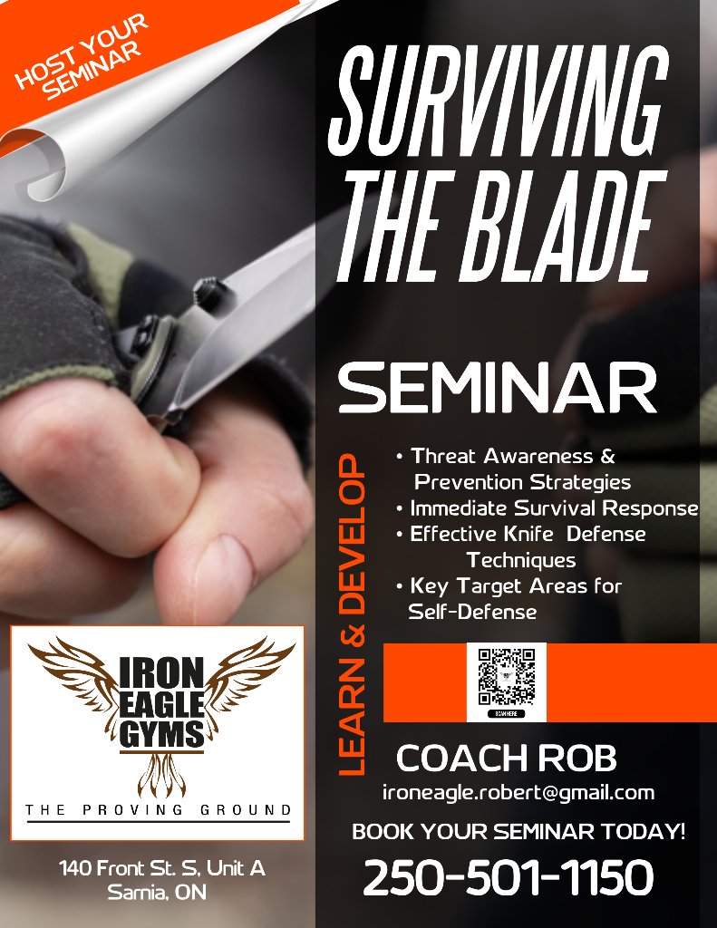 Surviving the Blade Seminar flyer — Iron Eagle Gyms, Coach Rob