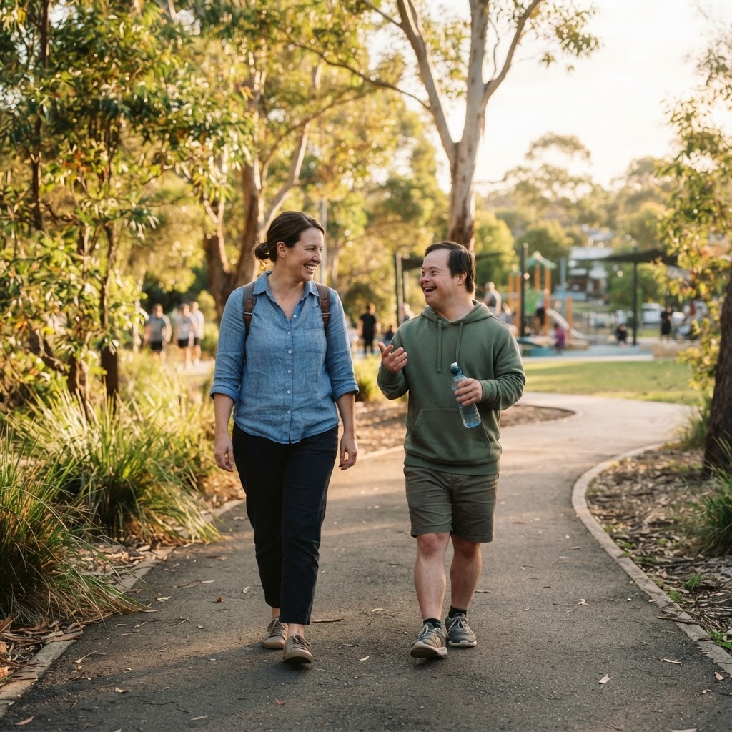 Support worker and participant enjoying an outdoor walk together