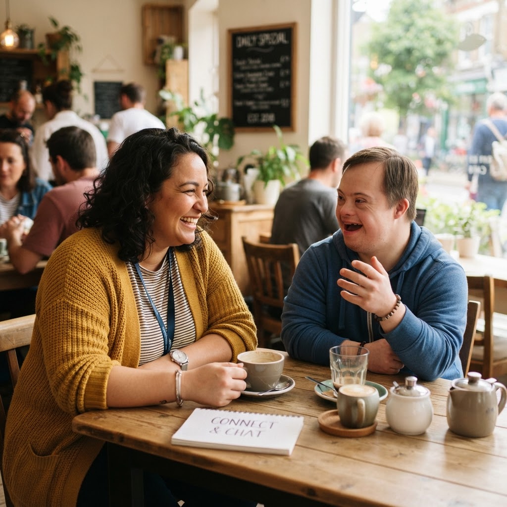 Support worker and participant chatting at a community cafe