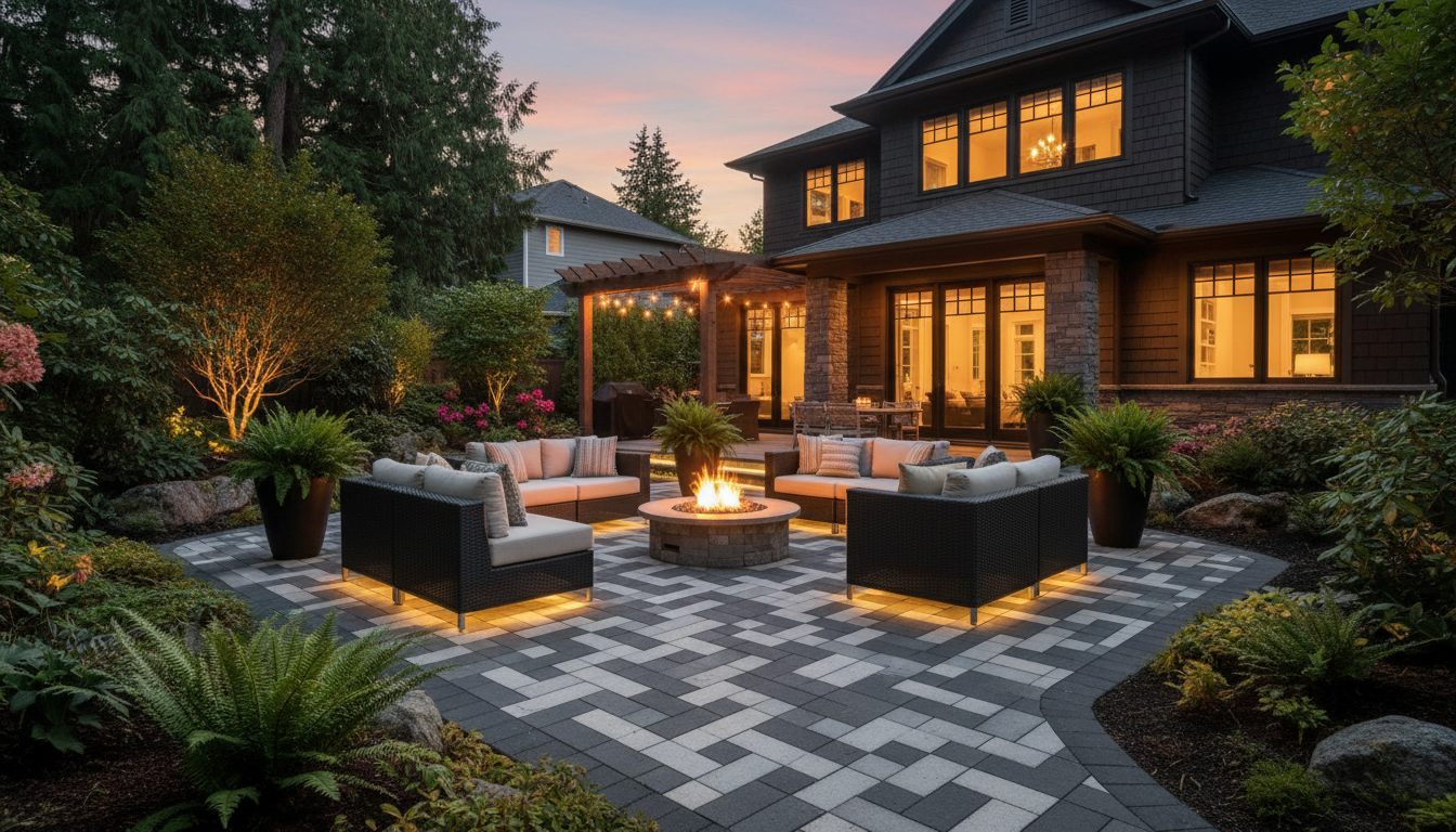 Luxury paver patio with fire pit in Oregon backyard