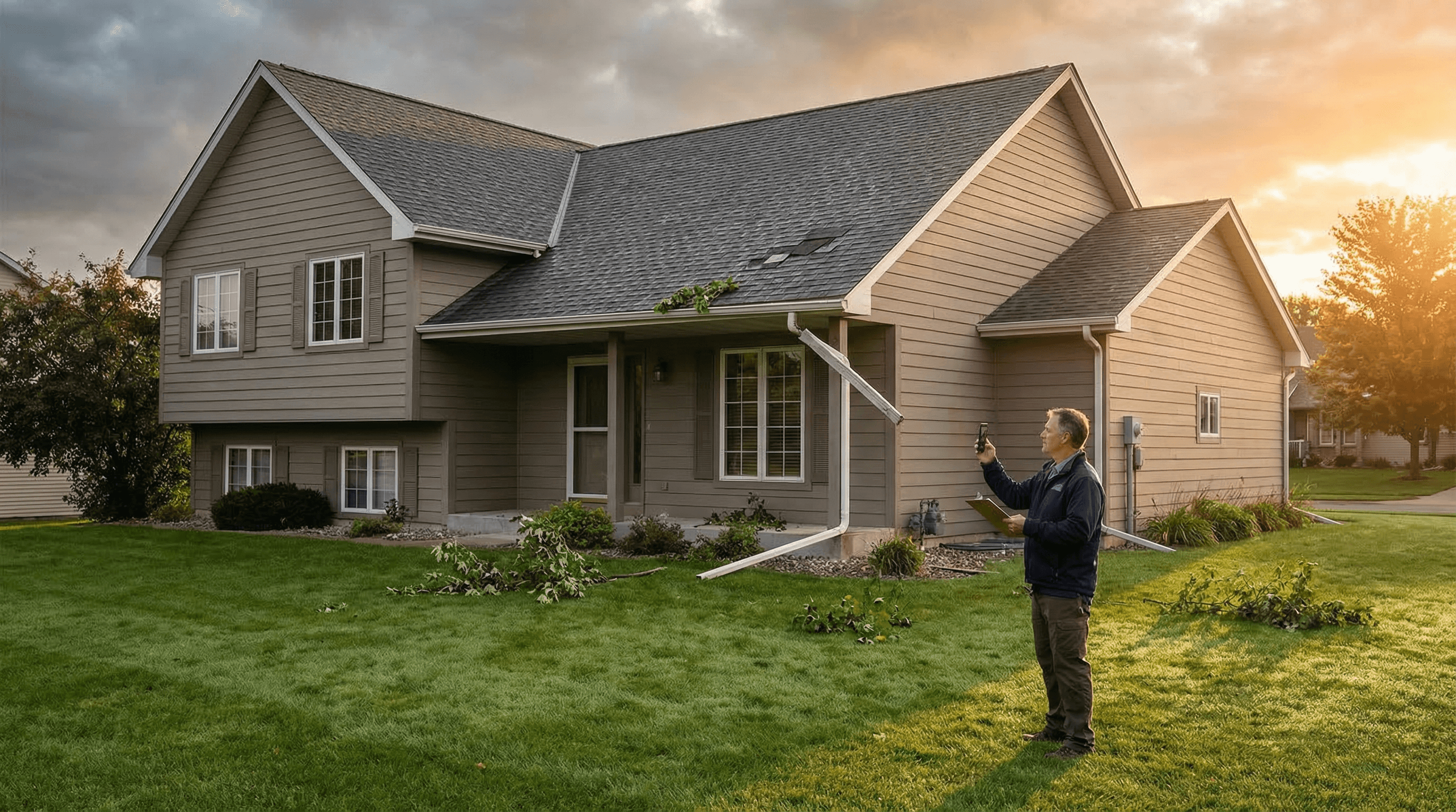 Storm damaged roof with missing shingles before professional repair