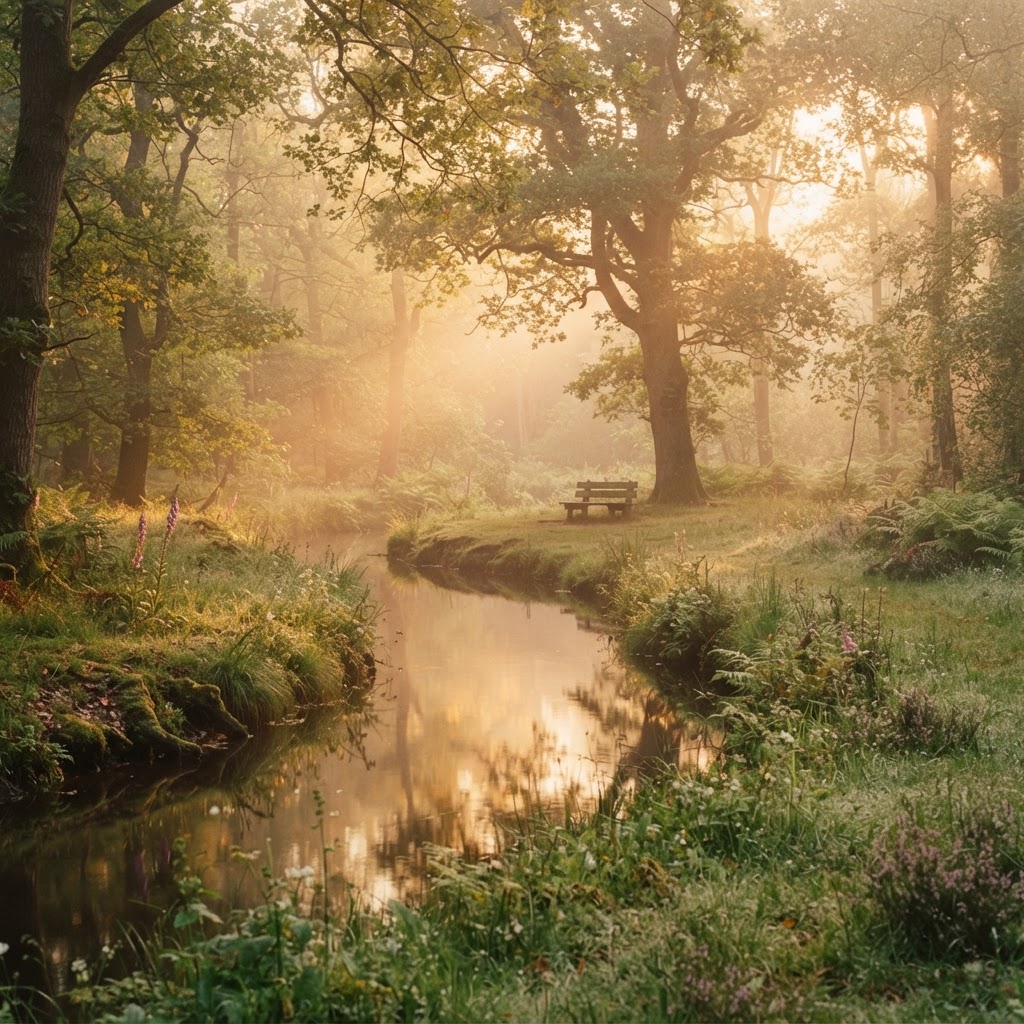 A calm golden-hour clearing — a quiet place to rest your mind