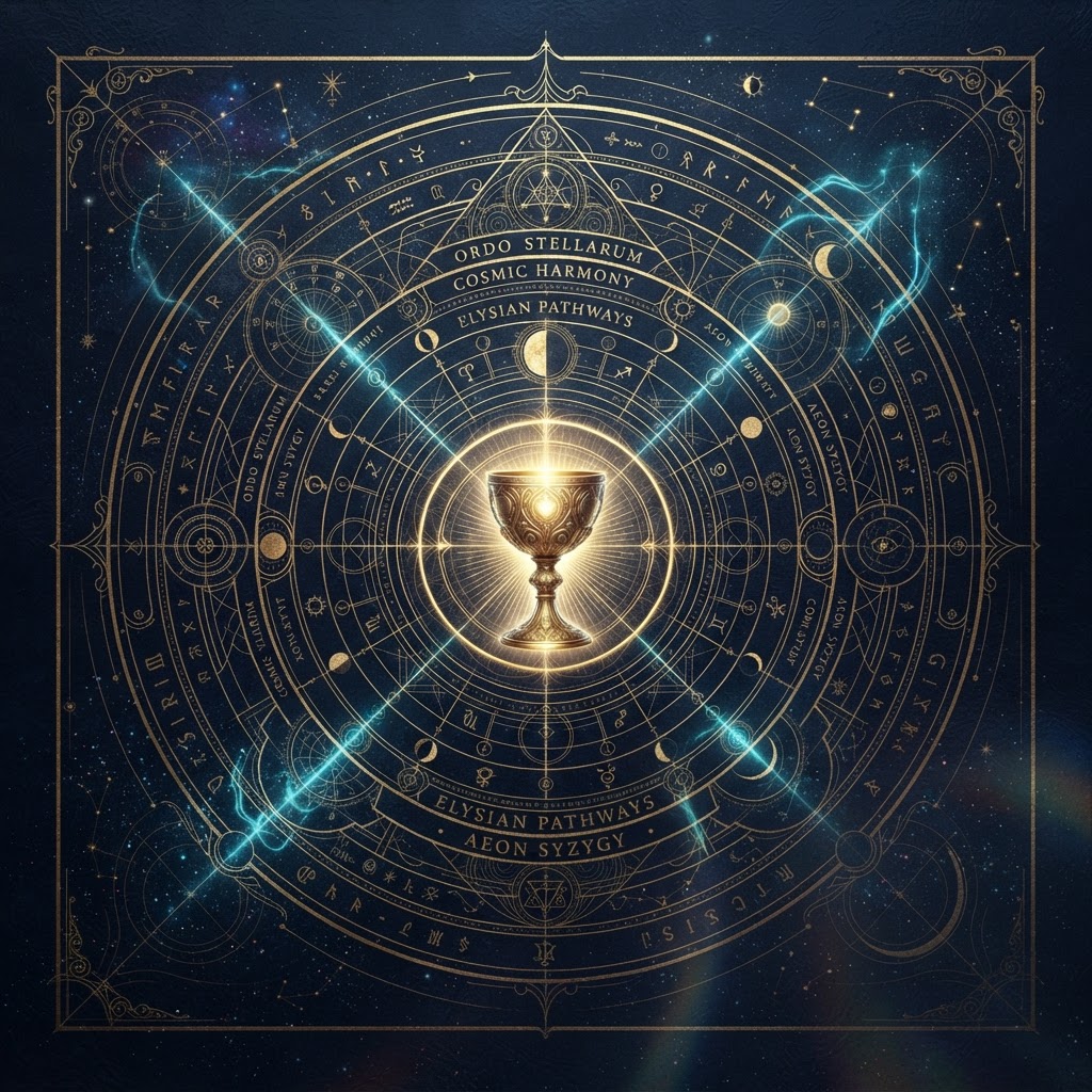 Dark navy and antique-gold Grailcore album artwork featuring a circular cosmological map, celestial diagrams and a glowing Grail emblem.