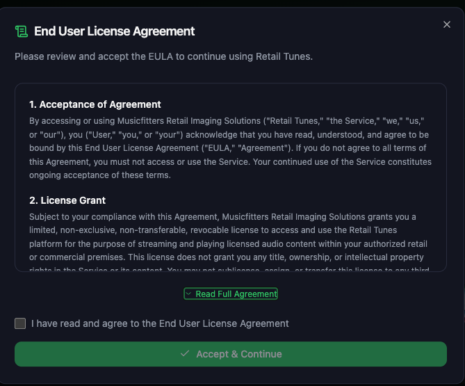 The EULA popup modal that appears on first login — review, check the box, and accept to continue