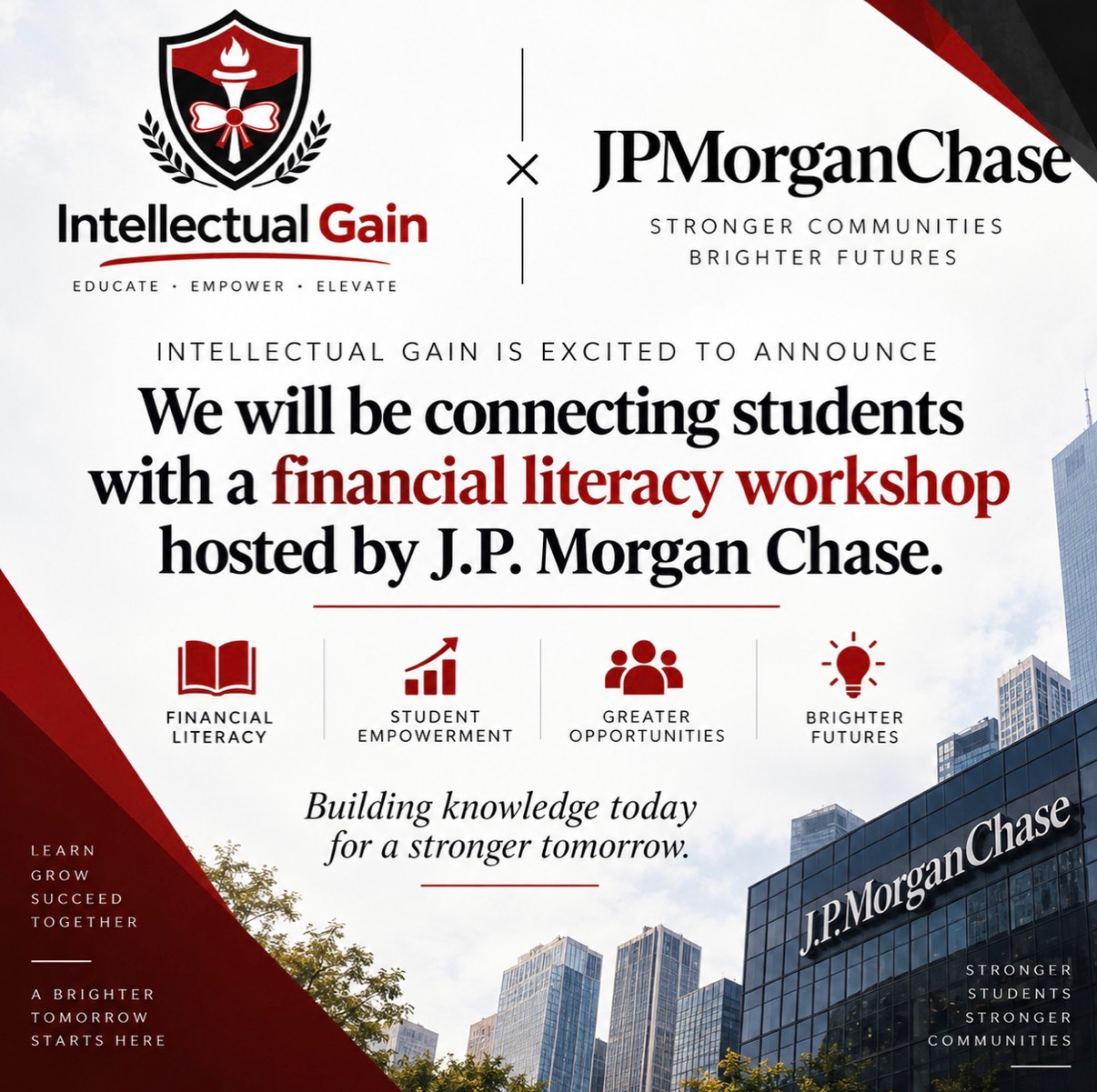 Intellectual Gain x JPMorgan Chase financial literacy workshop announcement