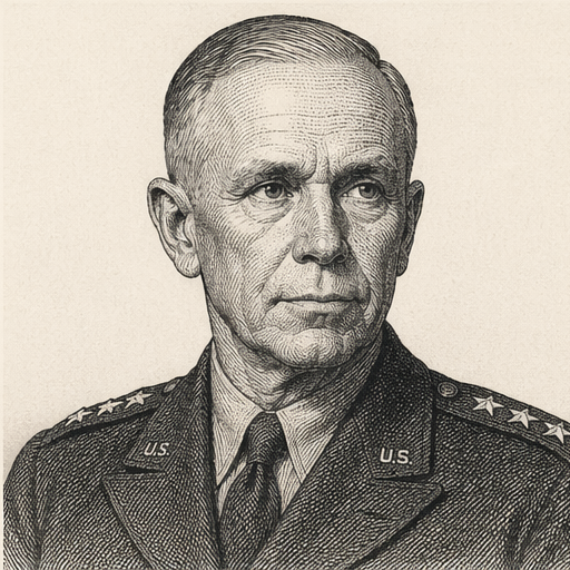 Woodcut portrait of George C. Marshall, architect of the postwar world order who embodied the Embedding Mode — building institutions that outlast the leader