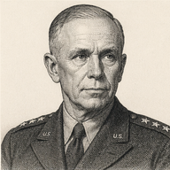 Woodcut portrait of George C. Marshall, architect of the postwar world order who embodied the Embedding Mode by building institutions that outlast the leader