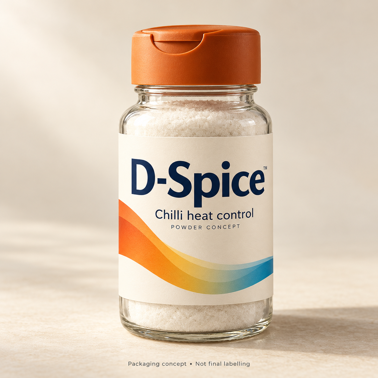 D-Spice product — a transparent shaker bottle with white powder and an orange-to-blue gradient label