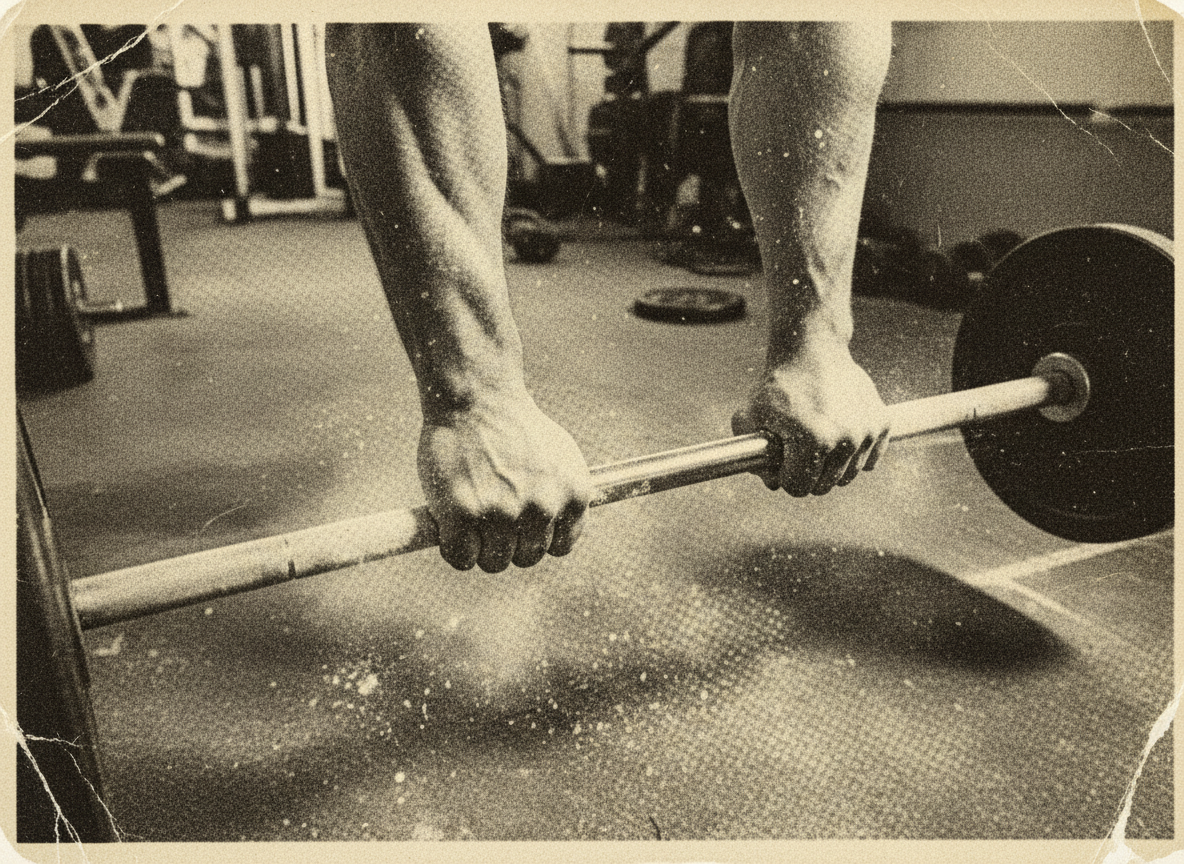Chalk-covered hands gripping a barbell