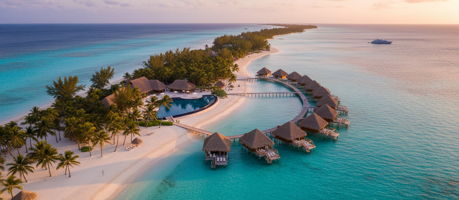 Luxury tropical beach resort with turquoise waters and white sand