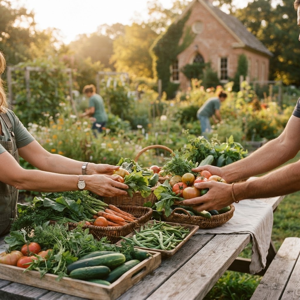 A shared table and community garden at golden hour