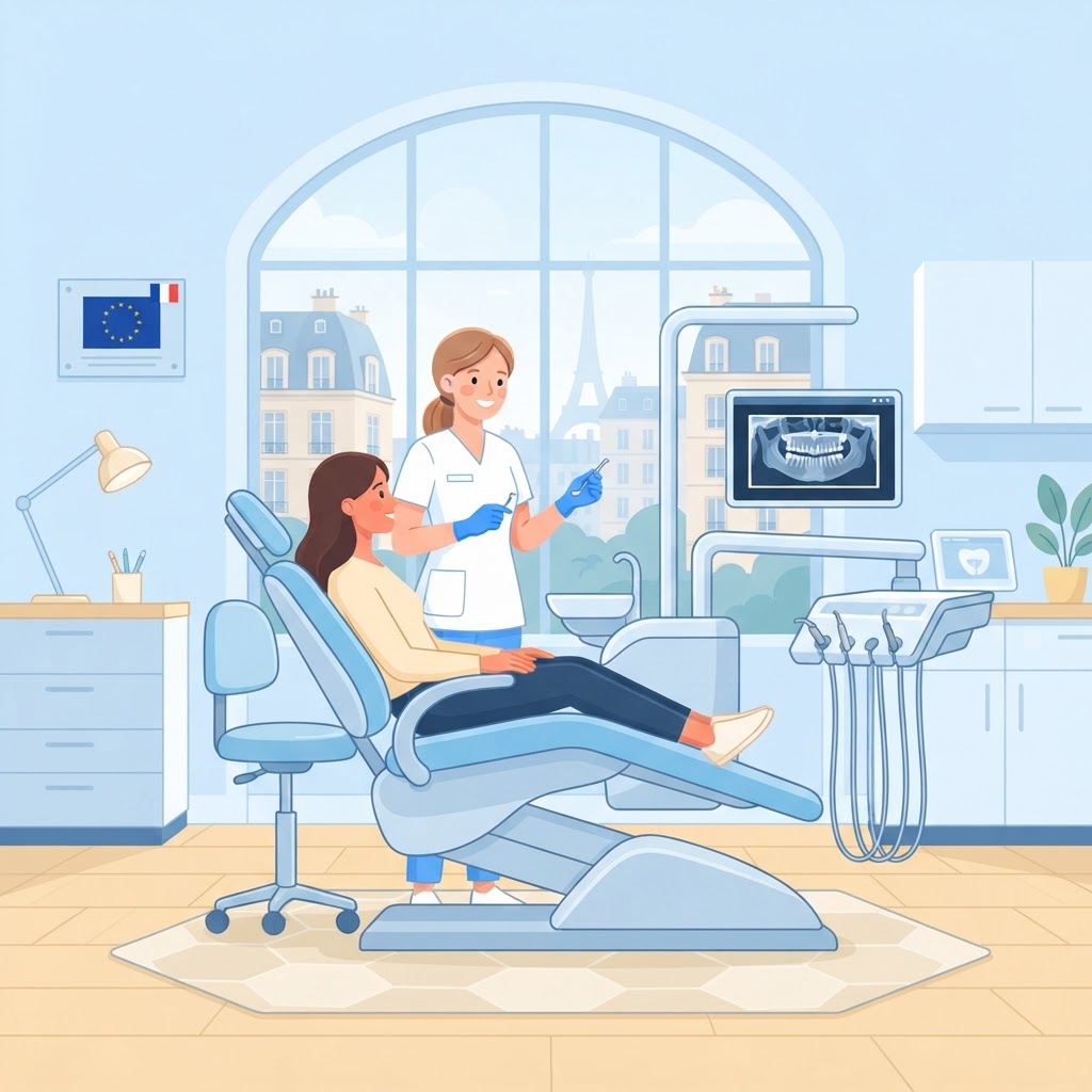 Étudiant dentiste européen en consultation dans une clinique dentaire en France