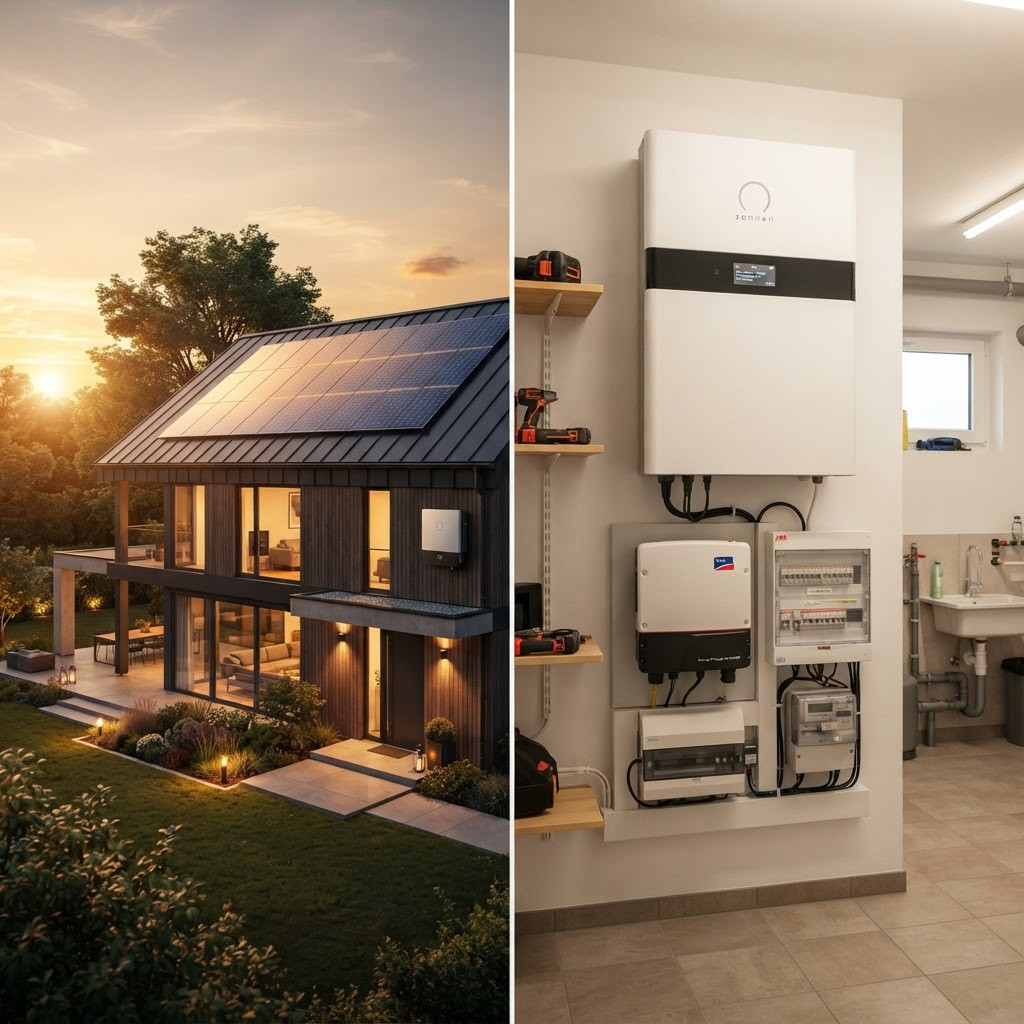 Wohnhaus mit Photovoltaikanlage und Stromspeicher im Technikraum