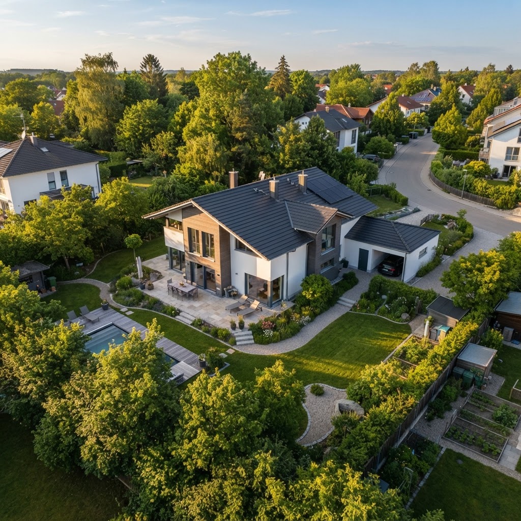 Drohnenaufnahme eines Einfamilienhauses mit Schrägdach aus der Luft