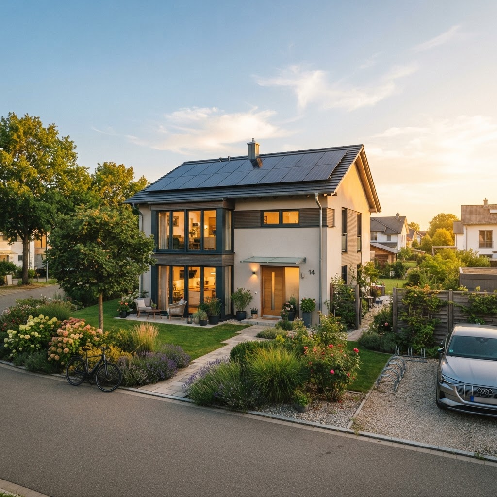 Modernes Haus mit Photovoltaikanlage im goldenen Abendlicht