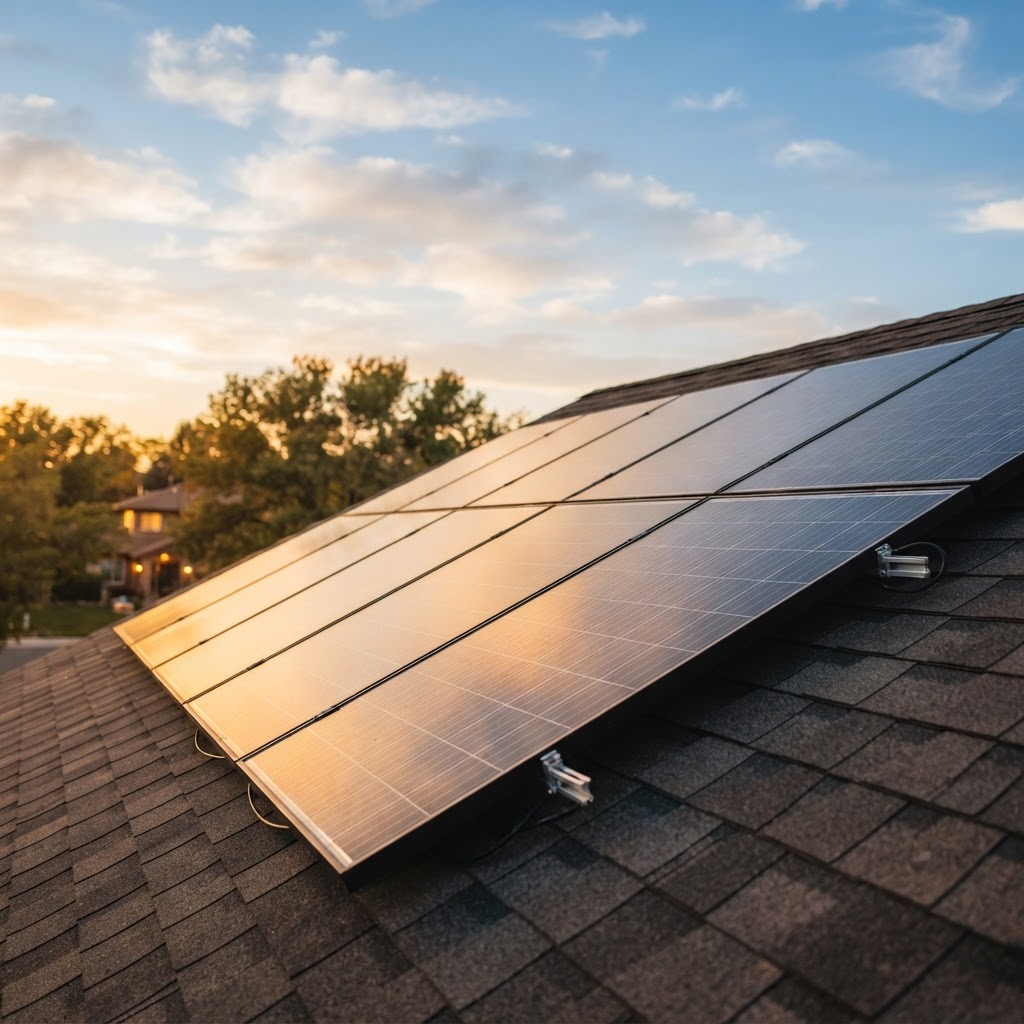 Solarmodule auf einem Wohnhausdach im warmen Abendlicht