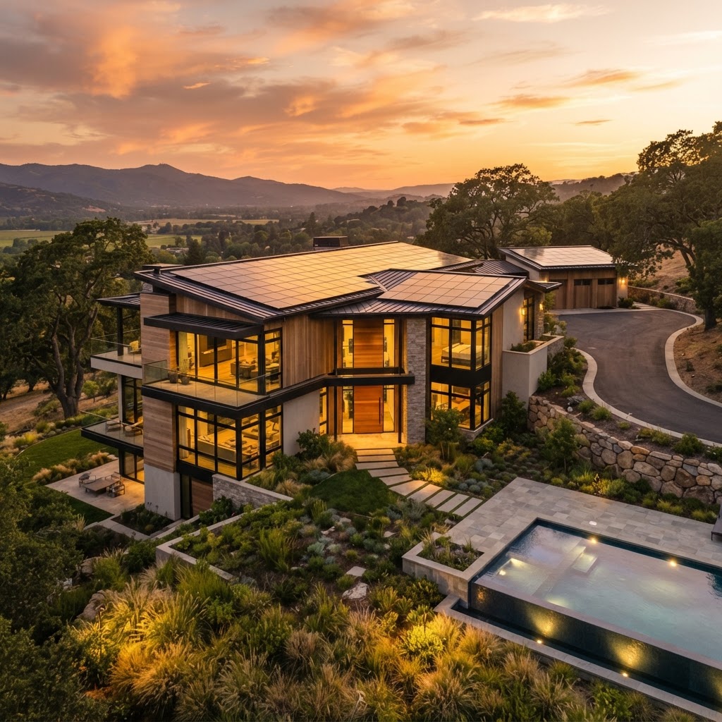 Premium-Wohnhaus mit Photovoltaikanlage bei Sonnenuntergang