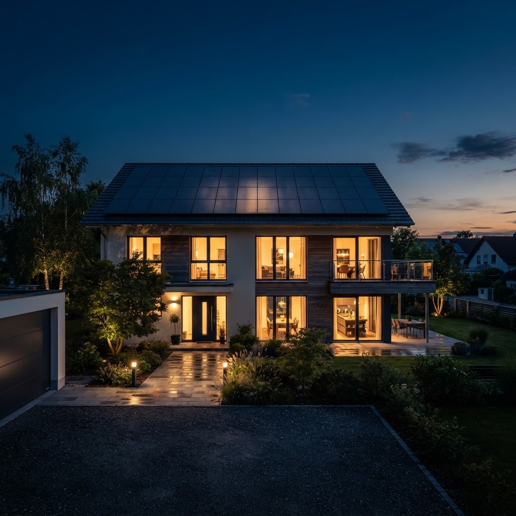 Modernes Wohnhaus mit Photovoltaikanlage bei Blue Hour
