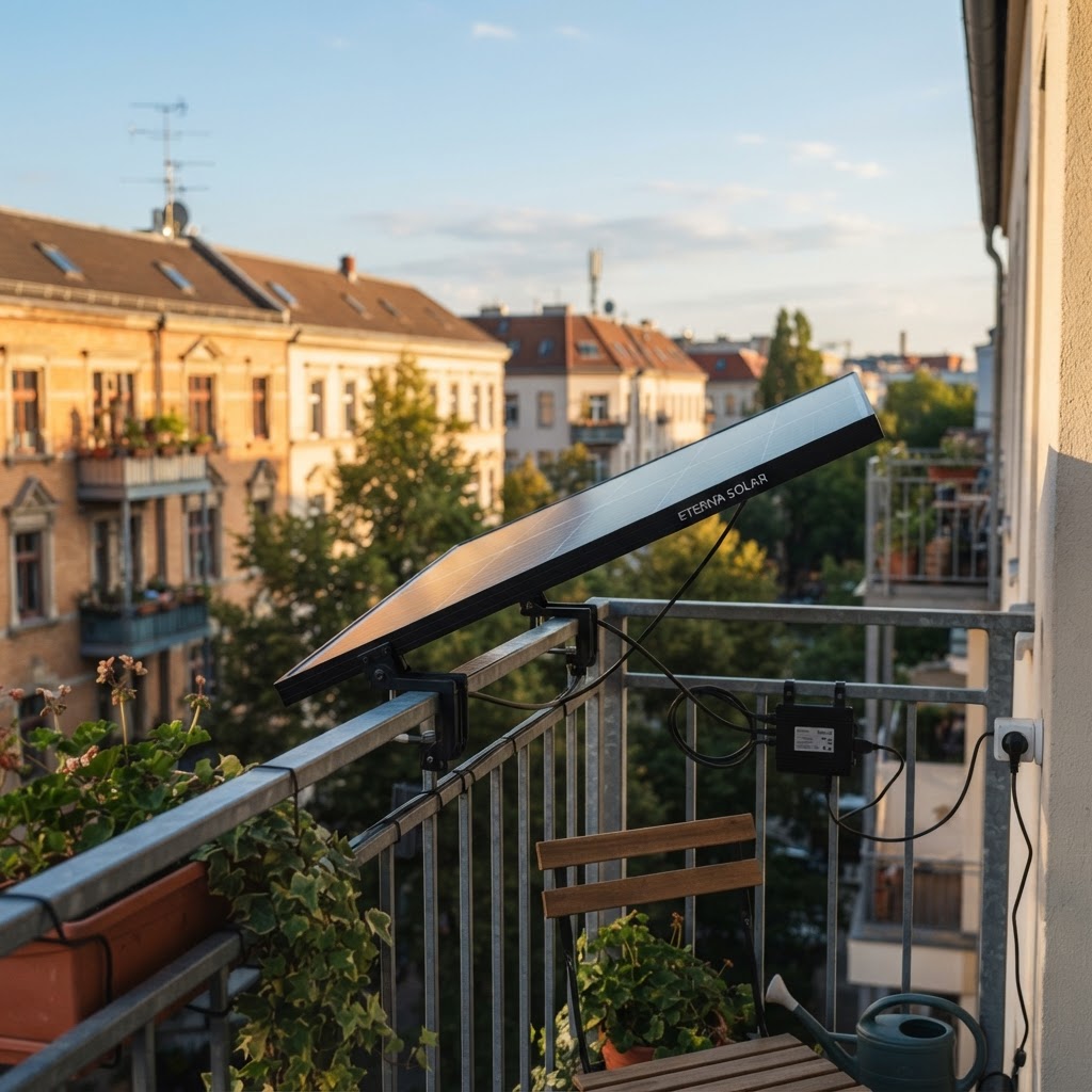 Balkonkraftwerk mit Solarmodulen am Balkongeländer einer Wohnung